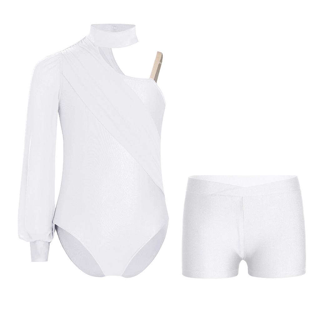 Traje de Danza para Niñas Maillot de Malla Fruncida de Manga Larga con un Hombro y Shorts con Escote en V para Patinaje Artístico Gimnasia