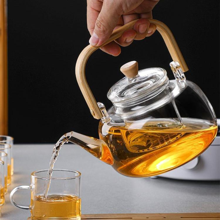 Home Office Electric Pottery Stove Heating Tea Boiler Wooden High Borosilicate Glass Steaming Double Inner Liner Teapot Lifting Beam Pot