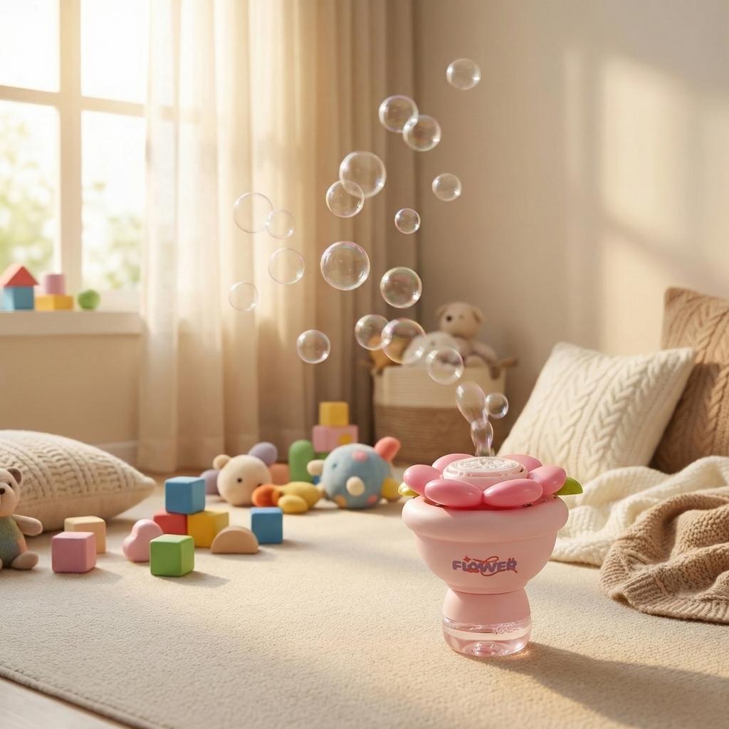 Blasenmaschine Blume - Vollautomatische Aufladung, LED-Beleuchtung, Handlicher Blasenstab, Blasenblasspielzeug für Kinder 65ml