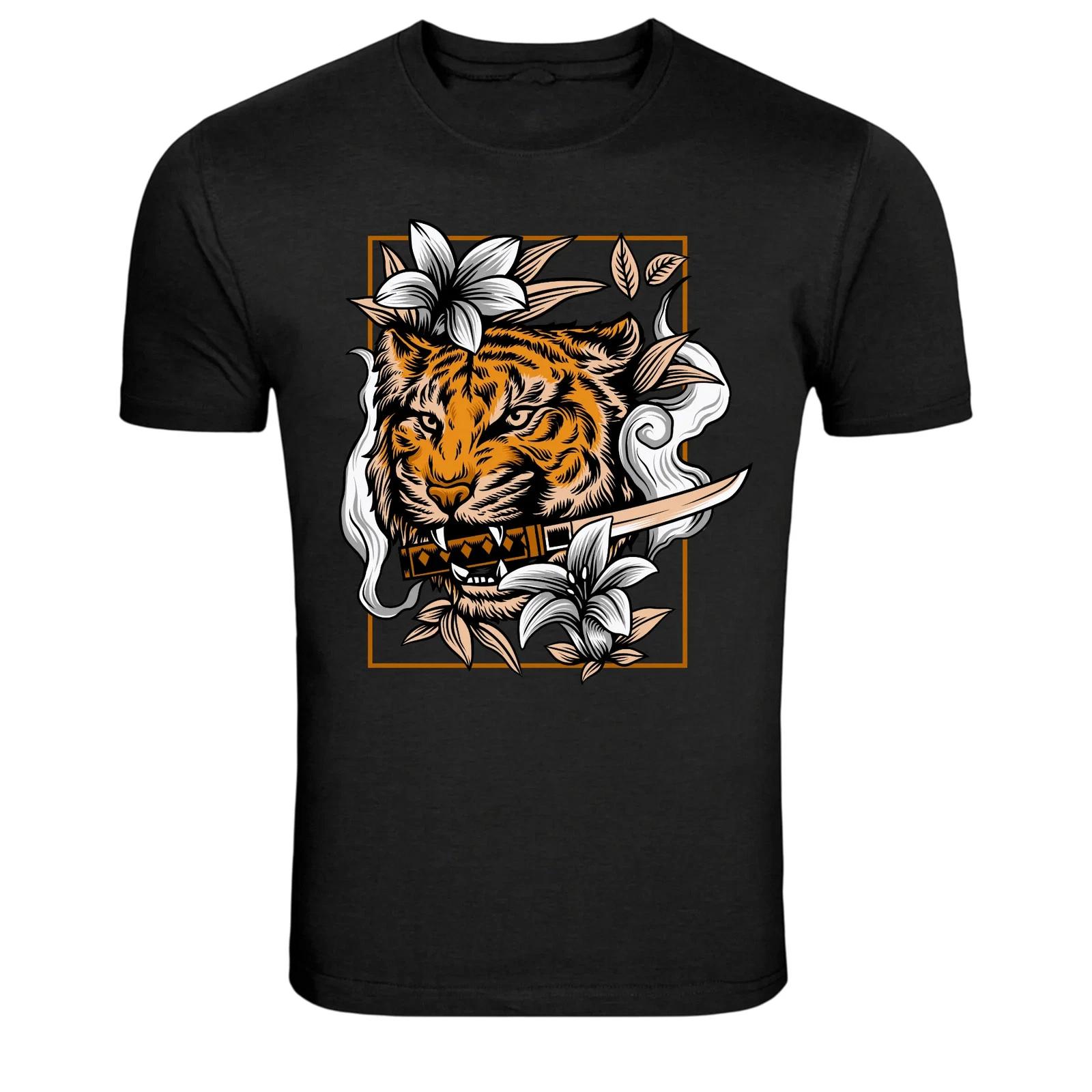 Samurai Tiger With Katana Flowers Graphic T-Shirt S