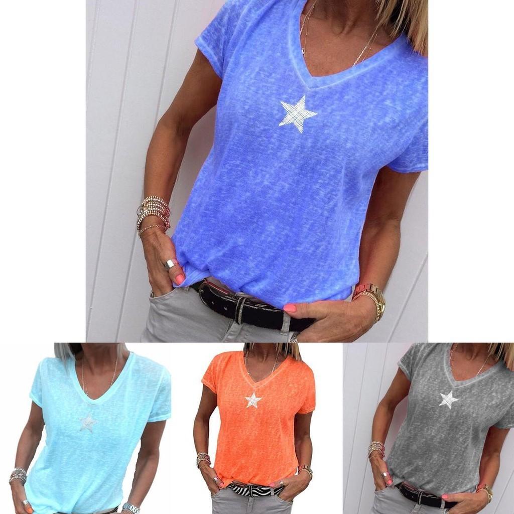 Stylish Women V-neck T-shirt Casual Loose Star Summer Shirts Solid Short Sleeve Perfect For Outdoor Activities
