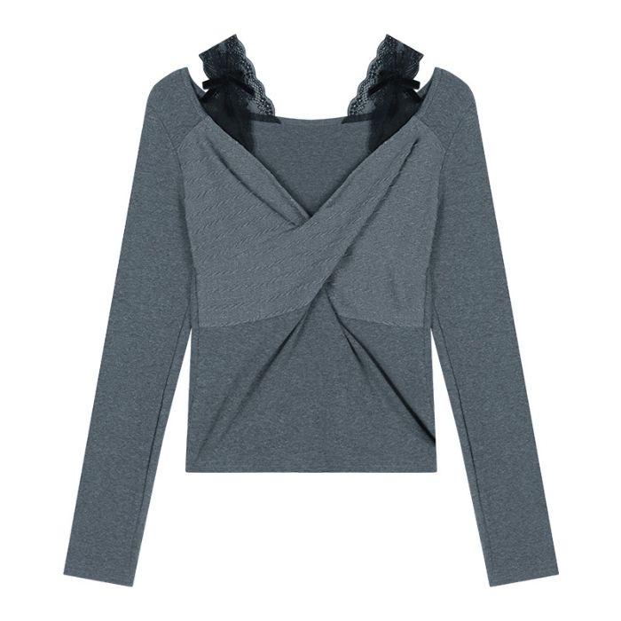 

Женская футболка с кружевом и длинным рукавом из модала и хлопка, имитация двух предметов, для осени Medium серый