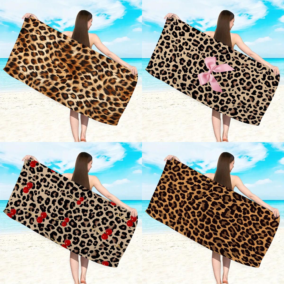 Cherry Leopard Print Beach Towel Funny Animal Print Bath Towel Quick Dry Sandproof Pool Towel for Women 50x100cm