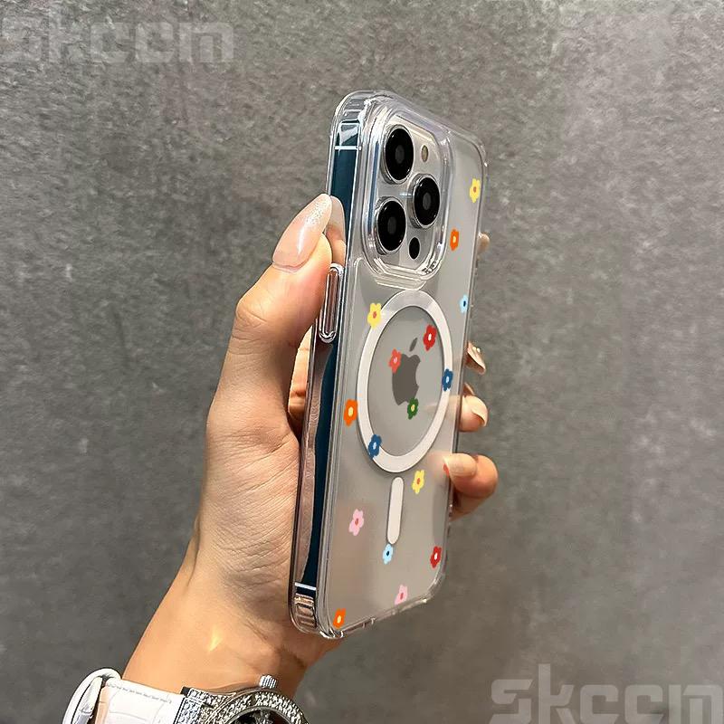 Small Flower Heart Graphic For Magsafe Wireless Charger Phone Case For iPhone 16 16E 15 14 13 12 11 Pro Max XS XR X Clear Cover