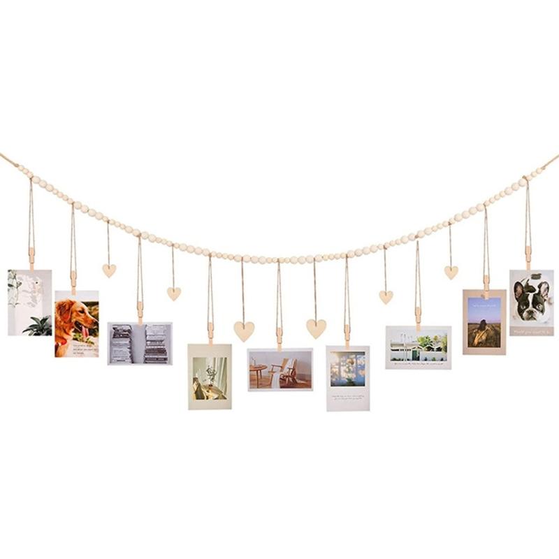 Hanging Photo Display with 9Clips Photo Holders for Hanging Wooden Beads Garland Collage Picture Frame Wall Decors