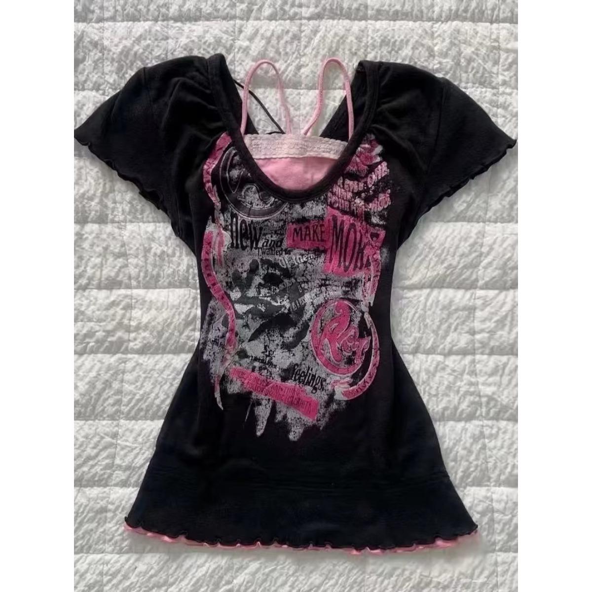 

VAYLA Готическая Красотка Футболка Розовая Женская Короткий рукав Уличная Мода Хип-Хоп Ретро Одежда Женские Футболки Футболка с Принтом Эстетика Y2k Укороченный Топ S чёрный