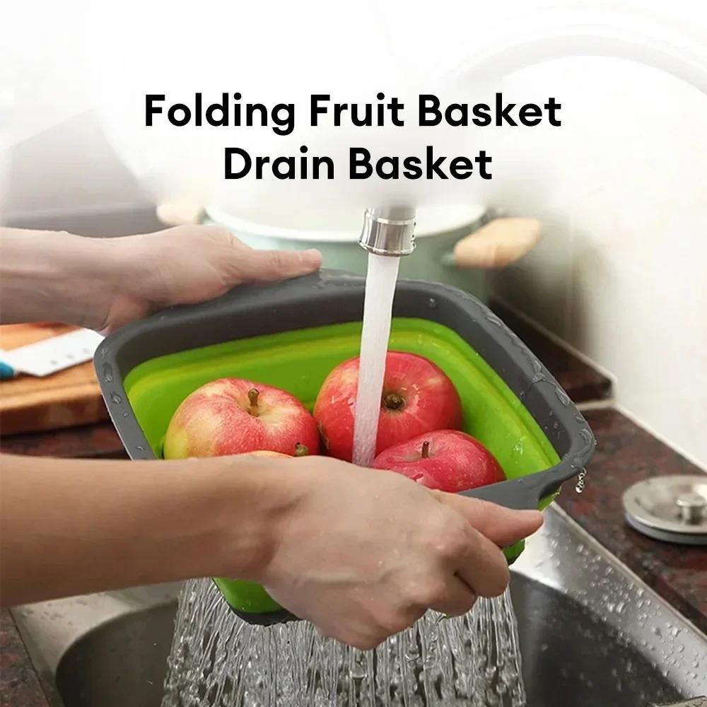 Silicone Folding Drain Basket Collapsible Drainer Fruit Vegetable Washing Basket Foldable Strainer Colander Fruit Cleaning Basin