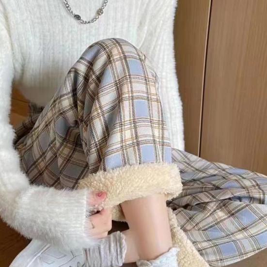 Dámské kalhoty elastický vysoký pas rovný široký kostkovaný potisk Zimní dlouhé kalhoty zesílená sametová podšívka teplé kalhoty