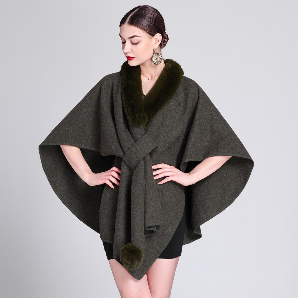 Women Cape Faux Fur Shawl Wrap Poncho with Faux Fur Trim Female Winter Knitted Front Cardigan Shawls Sleeveless Cardigan Cloak Coat for Party
