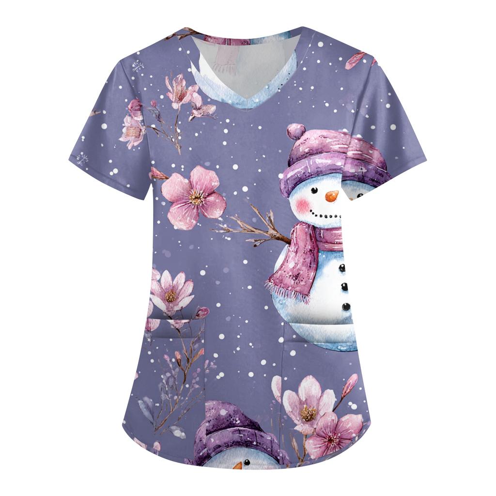 Women's Printing Uniform Work Uniform V-neck Pockets Basic Short Sleeve Pullover Top