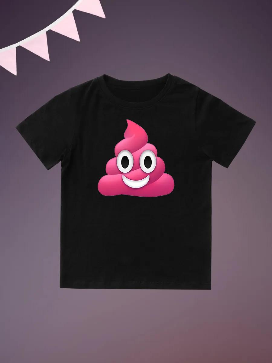 Round Neck Printed Pattern Pullover Short Sleeve Kids Tops Pink Poop 150