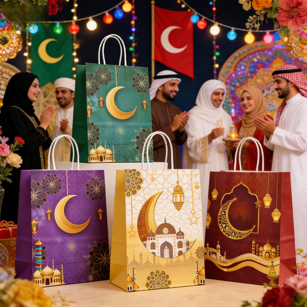 Ramadan Kraft Paper Gift Bags for Cookies Bulk Eid Mubarak Party Decor Islamic Favor Bags with Karim Design Festival Supplies
