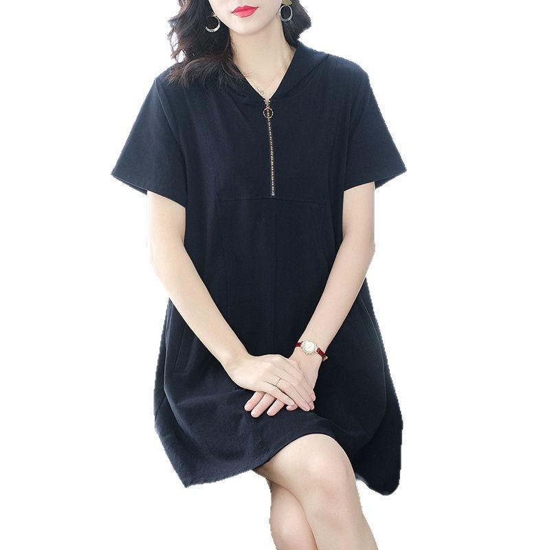 2025 Summer Casual Hooded Dress - Short Sleeve Sporty Loose Fit Plus Size Women's Clothing