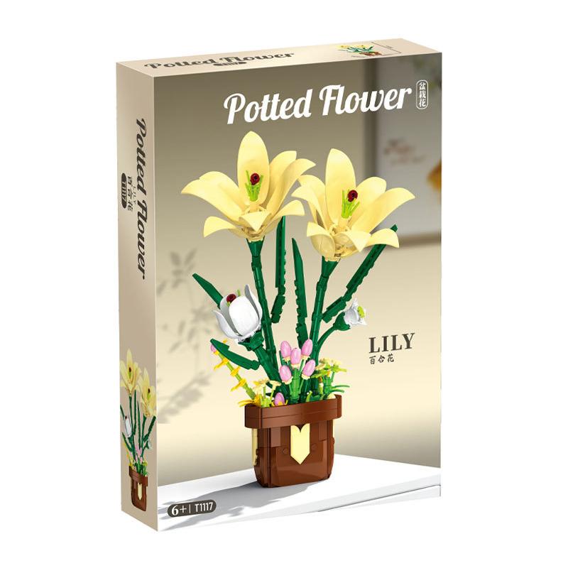 T1117-1120 Baustein Topfpflanze Blumenstrauß Orchidee Sonnenblume Rose Kleine Teile Zusammengebaut Schreibtisch-Dekorationen Kindergeschenke
