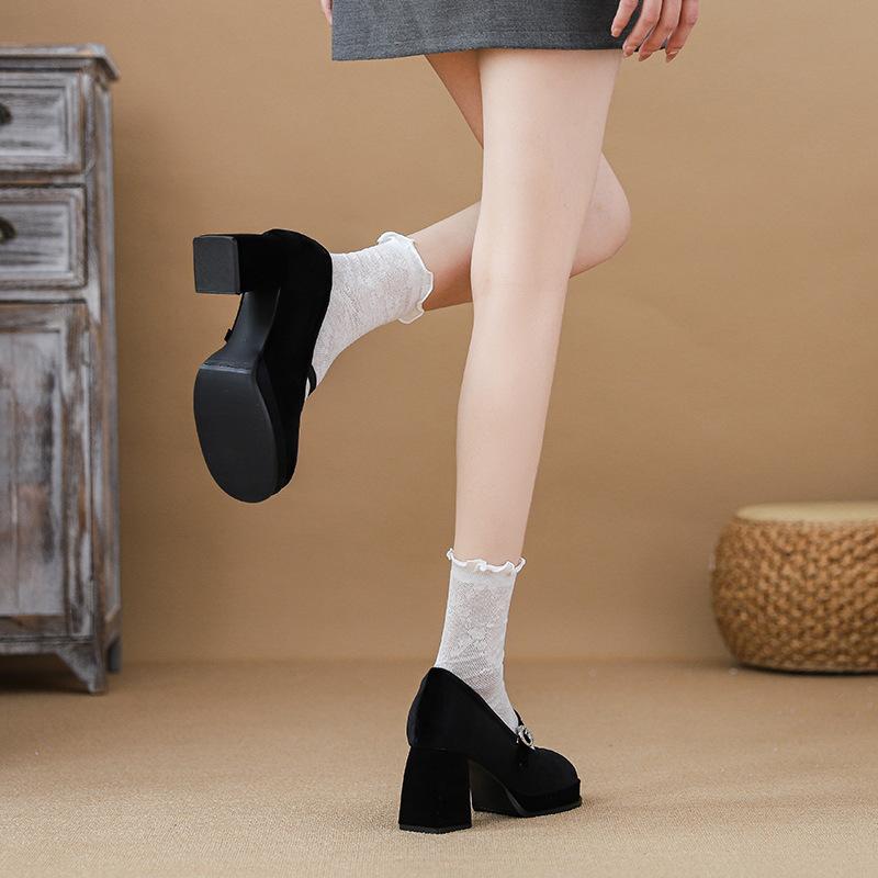 

Inner height increase black Mary Jane shoes new light mouth round head one-word buckle with thick heel high heels women 38 чорний