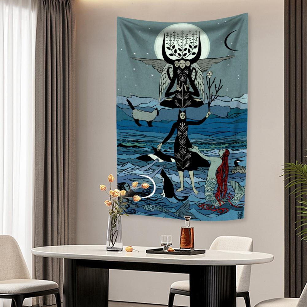 Psychedelic Witchcraft Tapestry Cartoon Illustration Bohemian Bedroom Decor Aesthetics Wall Hanging Covering Cloth Yoga Mat