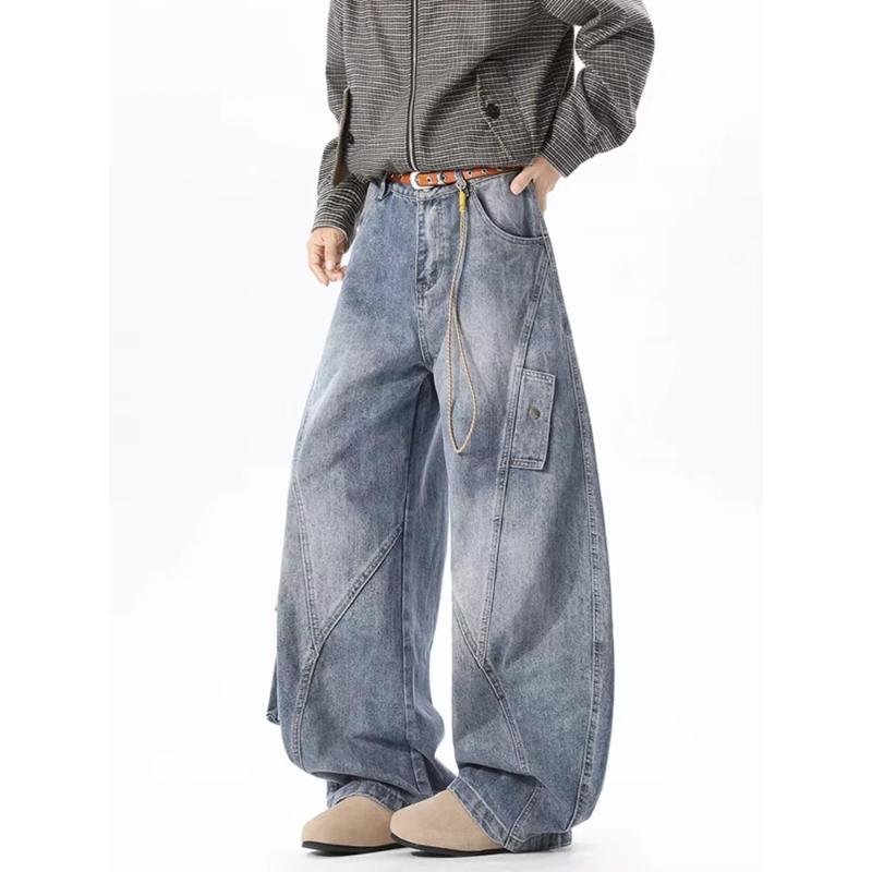 American Men's Casual Pockets Cargo Baggy Jeans High Street Fashion Denim Pantalones Hombre Spliced Straight Wide Leg Jean