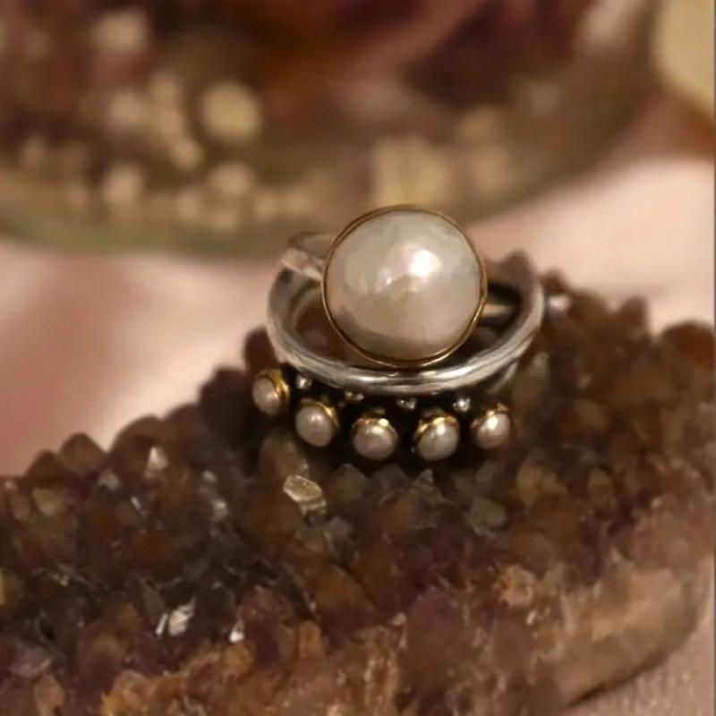 Sterling  Pearl Finger Ring for Women Personality Y2K Girl Accessories Two Tone Metal Rings Vintage Jewelry Party