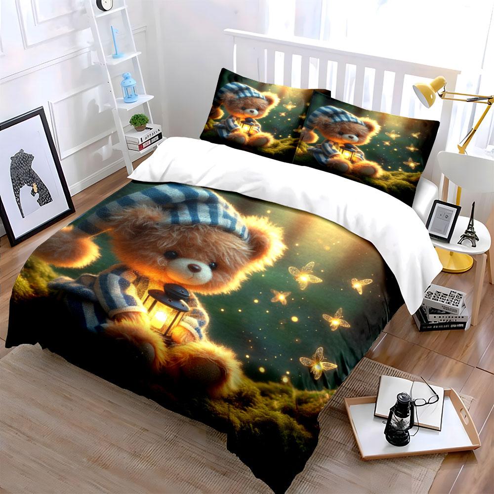 Cozy Teddy Bear In Glowing Forest Printed Duvet Cover Set1 Duvet Cover+2 Pillowcasemulti Size Bedroom Bedding Decor
