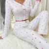 Women's 2025 European V-Neck Love Print Pajama Set - Long Sleeve Top & Pants, Indoor/Outdoor Wear