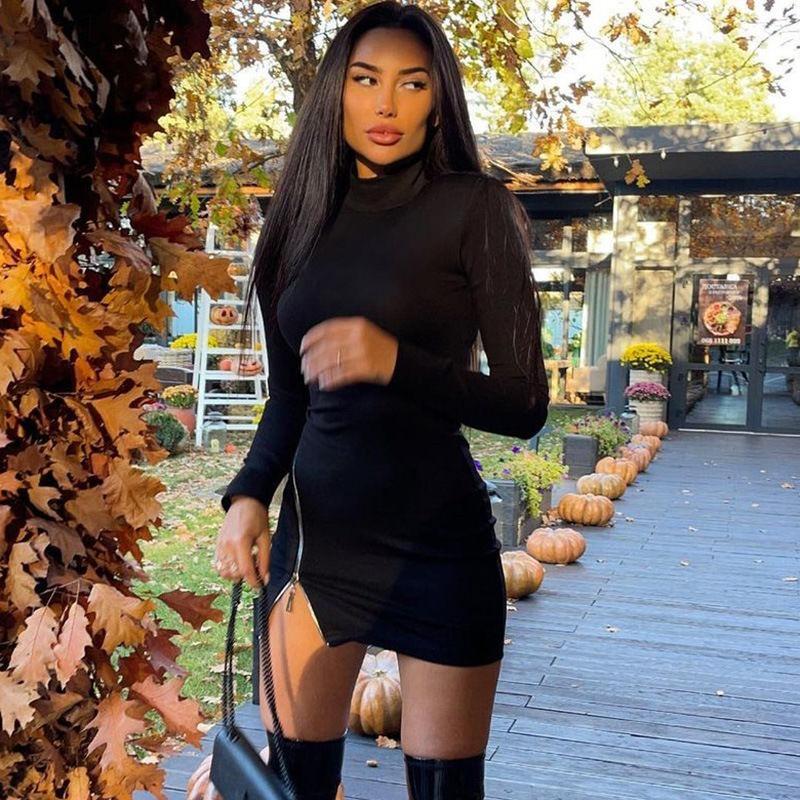 Winter Black Bodycon Dress With Tights Rib High Neck Zip Long