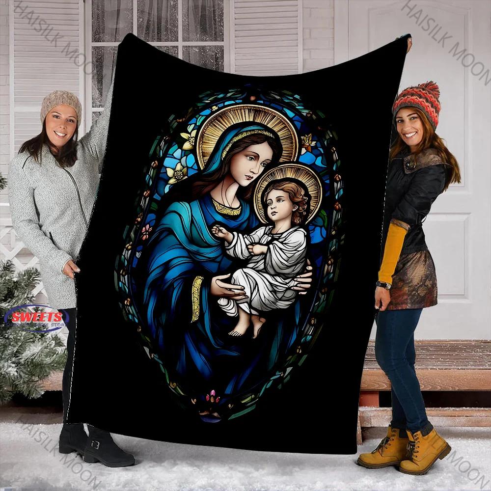 3D Panna Maria Modlící se Křesťanský Bůh Flanelová Umělecká Deka Přehoz na Pohovku Postel Kancelář Čtyři Roční Období Měkká Nadýchaná Prošívaná Deka Flanelový Přehoz