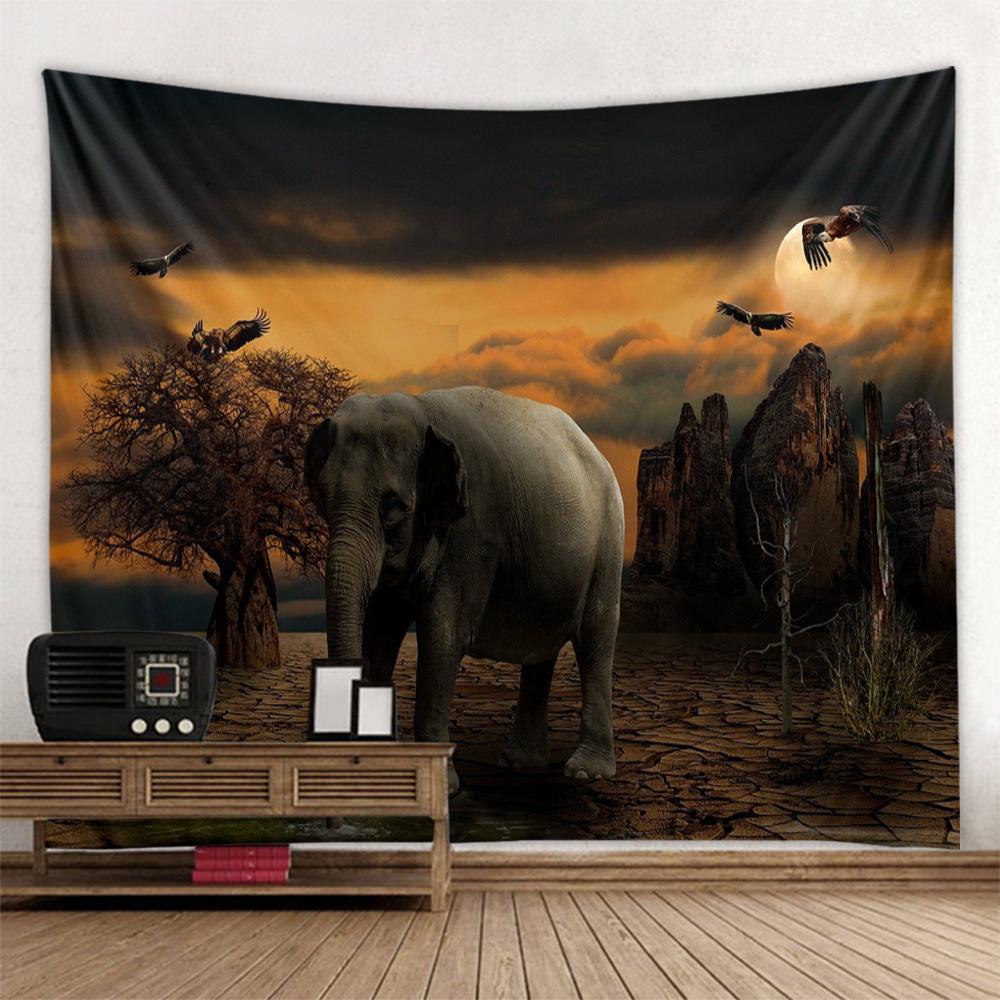 Bohemian Elephant Art Tapestry Sunrise Sunset Forest Landscape Home Decoration Wall Hanging Hippie Living Room Background Cloth