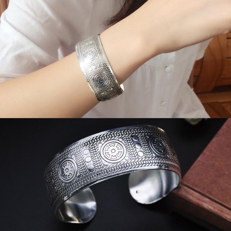 Vintage Silver Elephant Cuff Bracelet - Bohemian Ethnic Style for Women Pattern Elephant Wide Bracelet