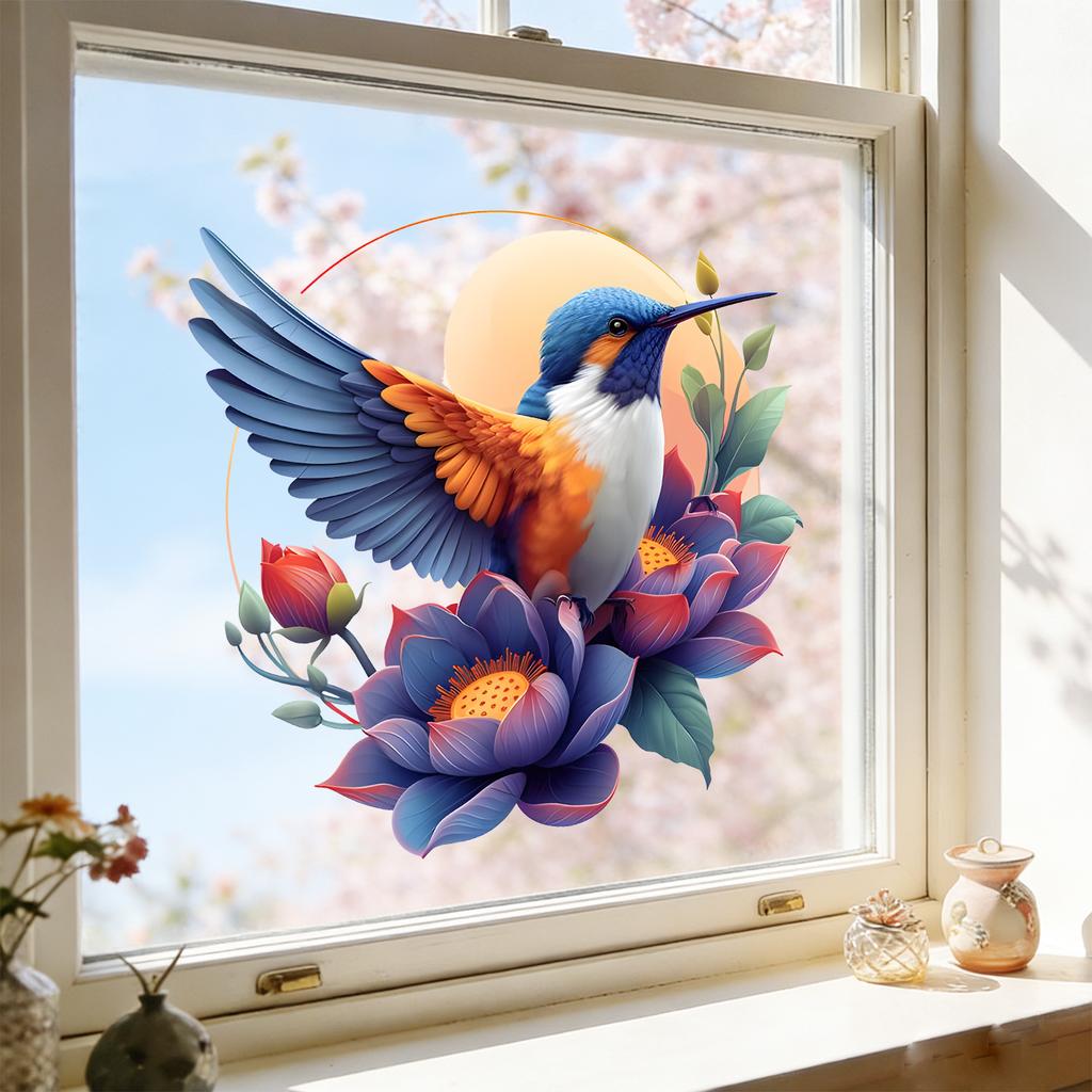Kingfisher Lotus Pond Static Cling Window Sticker Removable Reusable for Bedroom Living Room Kitchen Glass Home Decor Art
