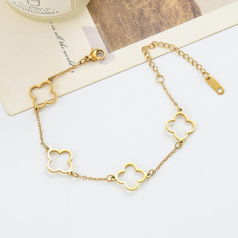 18K Gold Plated Stainless Steel Hollow Four-Leaf Clover Women's Bracelet