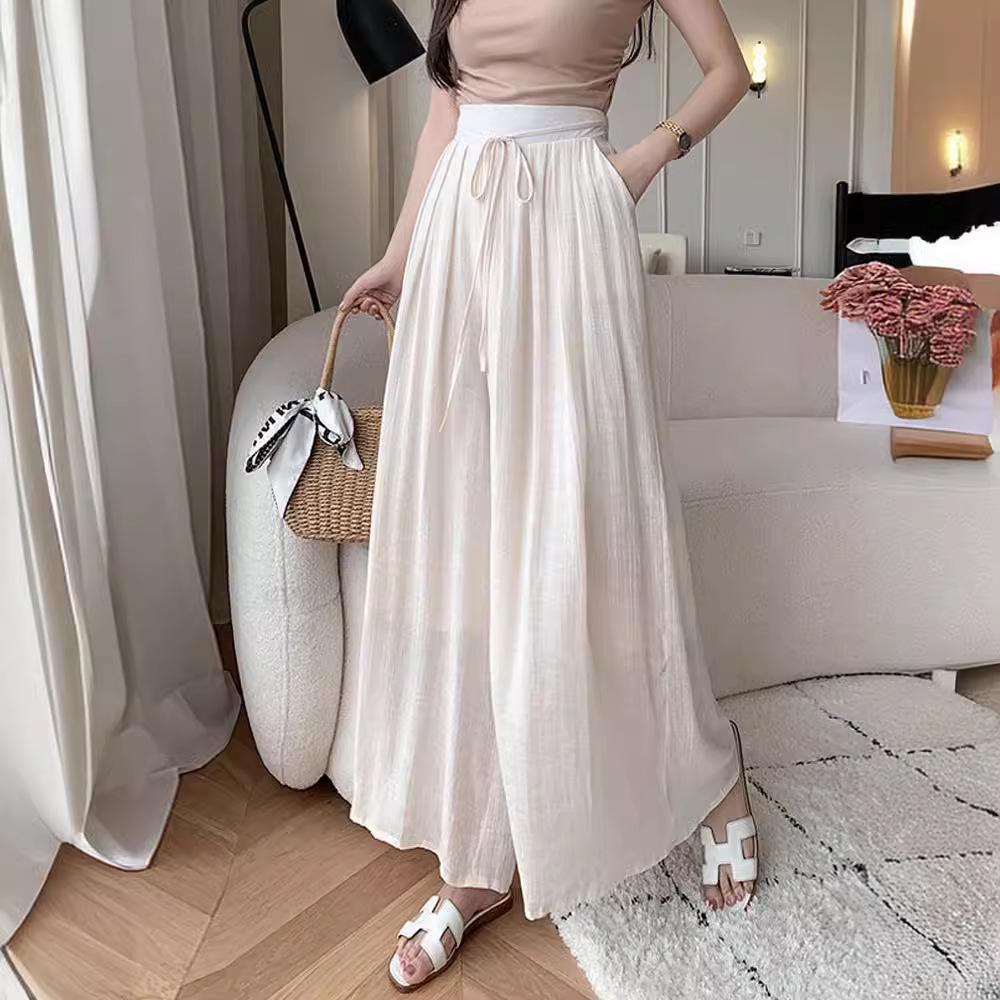 Women's Summer 2024 High-Waist Drape Pants Skirt - Ice Silk & Cotton-Linen Blend with Elastic Waist and Straps