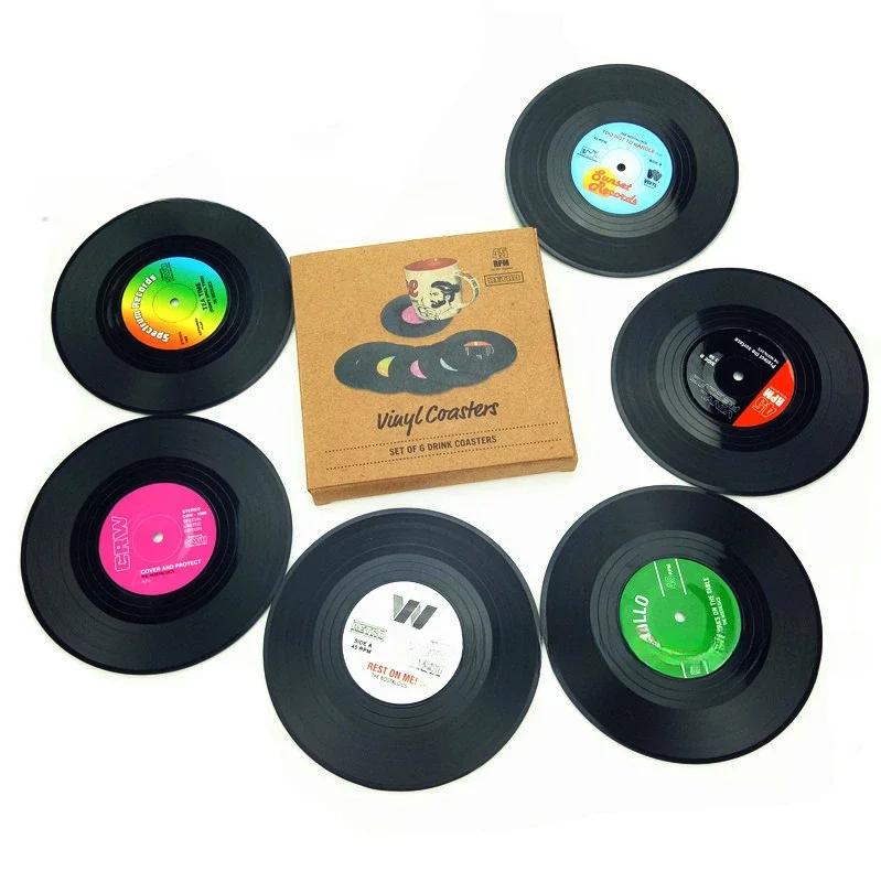 Sada 6 vinylových podložek Kreativní podložky pod nápoje Vinylová deska Hudební podložky se stojánkem na gramofonové desky Podložky pod desky