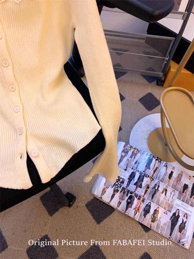 2024 Women's Autumn Knitted Cardigan: French Lace Peter Pan Collar, Bell Sleeves, Skirt Hem Crop Top