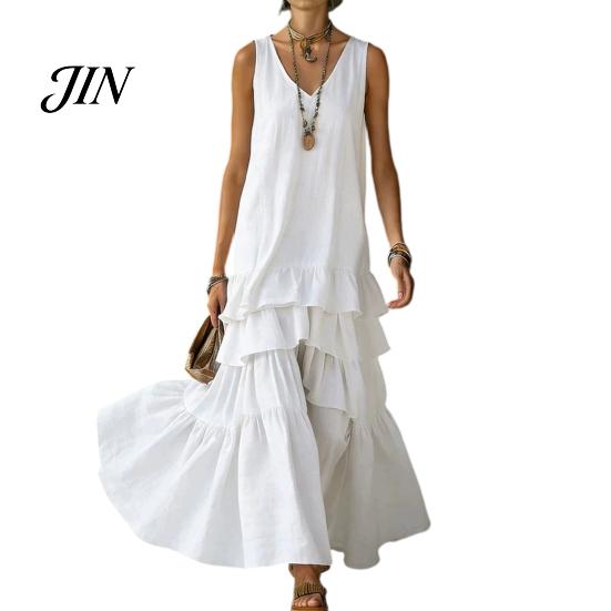 Casual Dress Women Women's Sleeveless Summer Long Tank Dress, V Neck Tiered Flowy Layered Skirt Ruffle Maxi Loose Beach Sundress Breathable