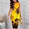 Women Plus Size Sleeveless Round Neck Midi Bodycon Dress Tropical Pineapple Floral Leaf Print Slim Fitted Dress