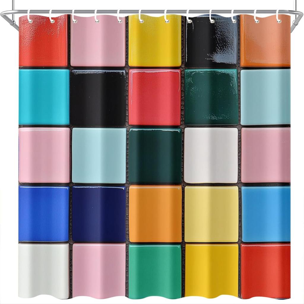 Color Block Duschvorhang 72x72 Zoll Lebendiges Retro Geometrisches Badezimmerdekor Moderner Pop-Art-Stil Wasserdichter Stoffvorhang