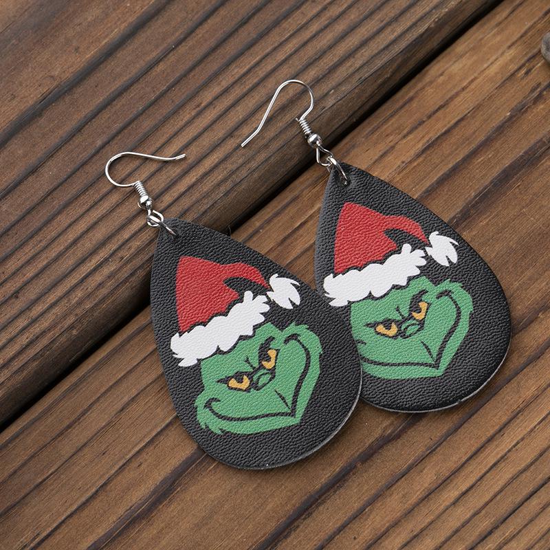 European & American Christmas Grinch Leather Teardrop Earrings with Double-Sided Design