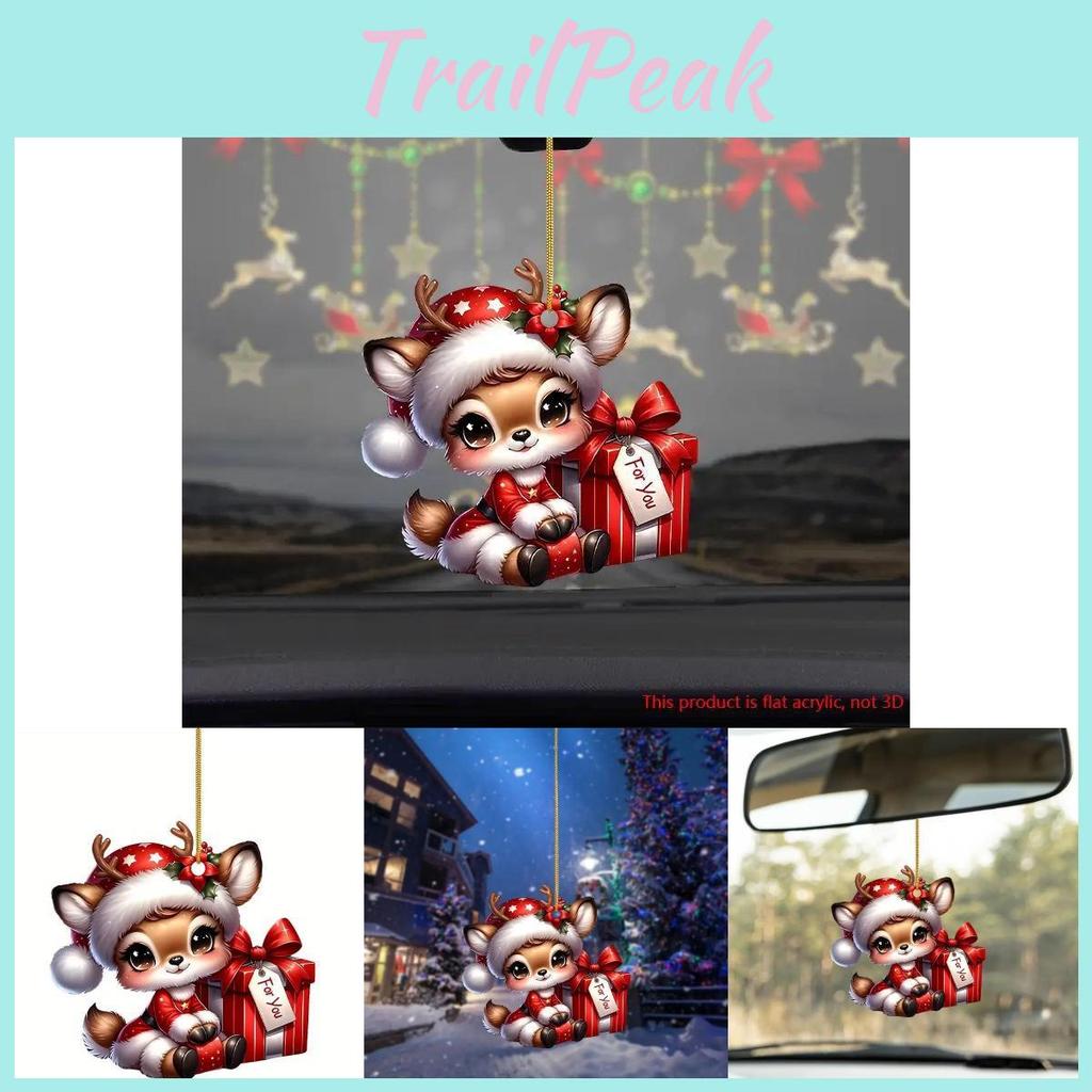 Cute Cartoon Acrylic Christmas Reindeer Hanging Ornament For Vehicle Mirror Decor