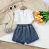 Baby Girls 2-Piece Outfit, Ribbed Ruffle Neck Top and Embellished Denim Shorts