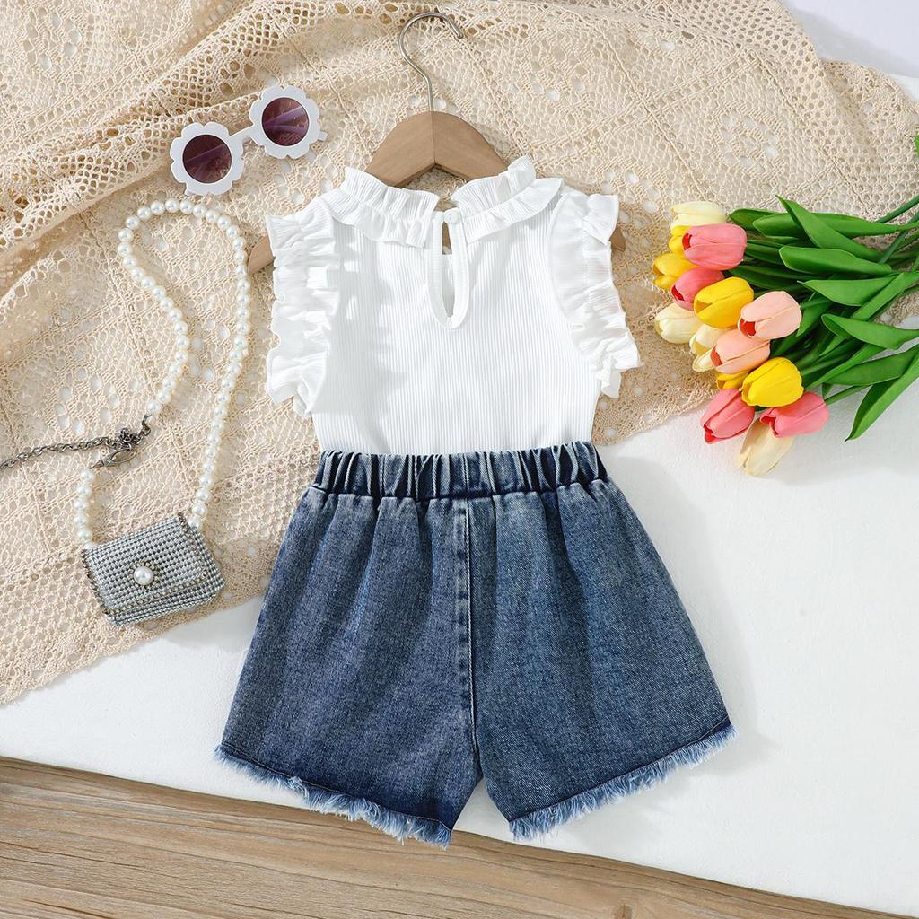 Baby Girls 2-Piece Outfit, Ribbed Ruffle Neck Top and Embellished Denim Shorts