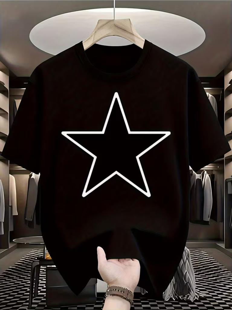 Round-neck White Star-print Casual T-shirt