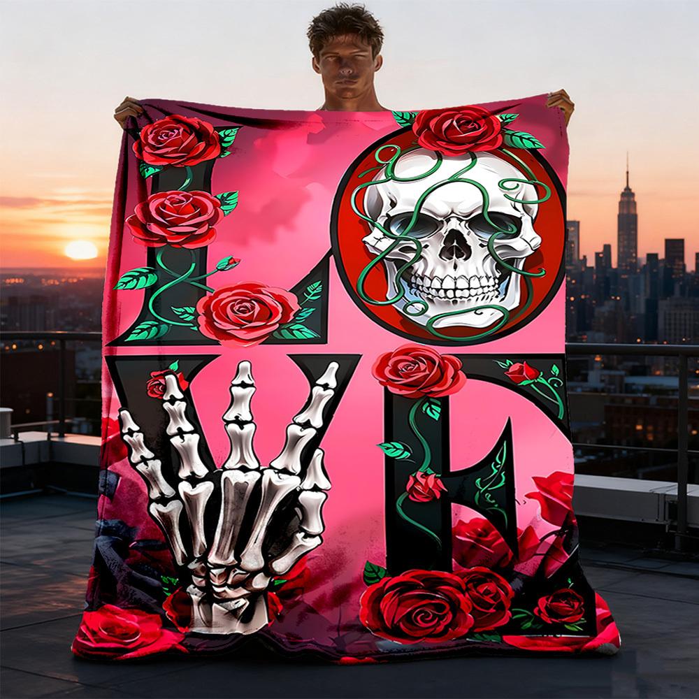 1pc Skull Roses Love Outdoor Blanket - Lightweight Flannel Throw For Travel, Camping, Gifts For Family Or Friends Yy251114268