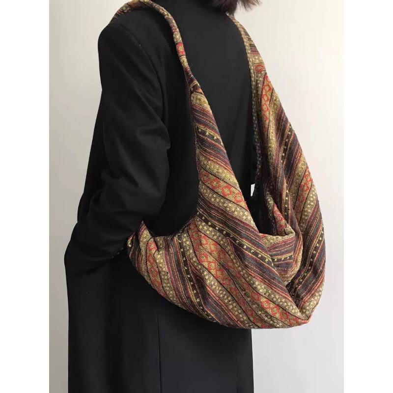 

Ethnic style retro embroidery double belt bag striped large capacity canvas bag multi-purpose double shoulder messenger bag cheongsam bag