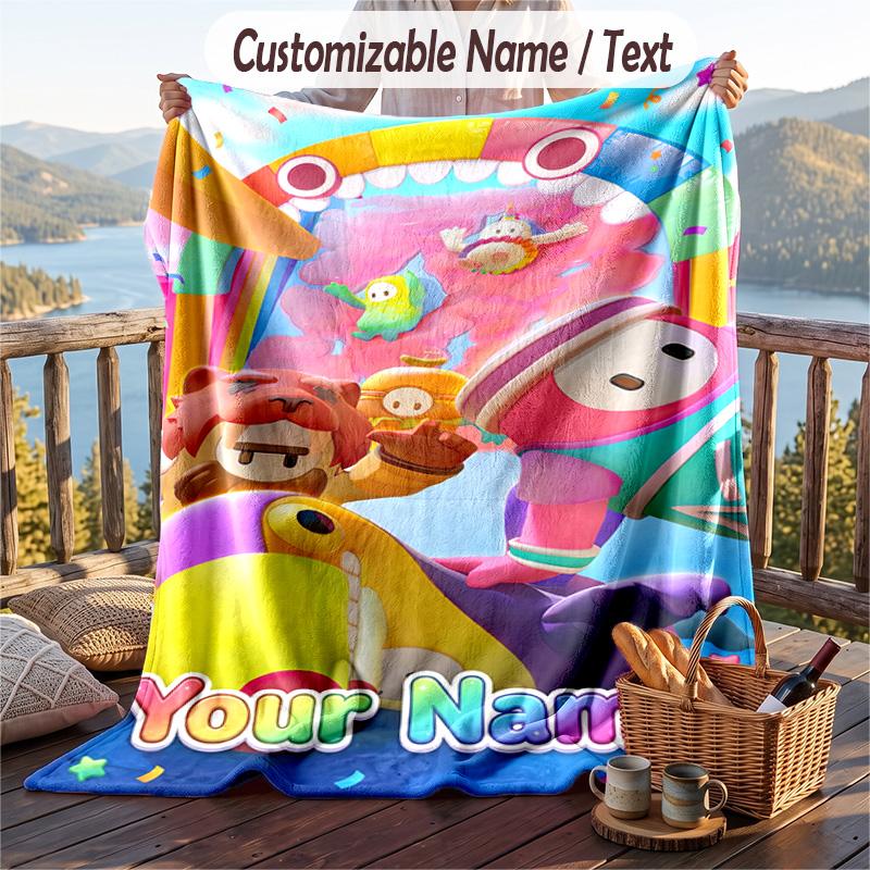 Fall Guys Flannel Blanket, Personalized Custom Name Text, Soft Warm Plush Throw Blanket For Gift