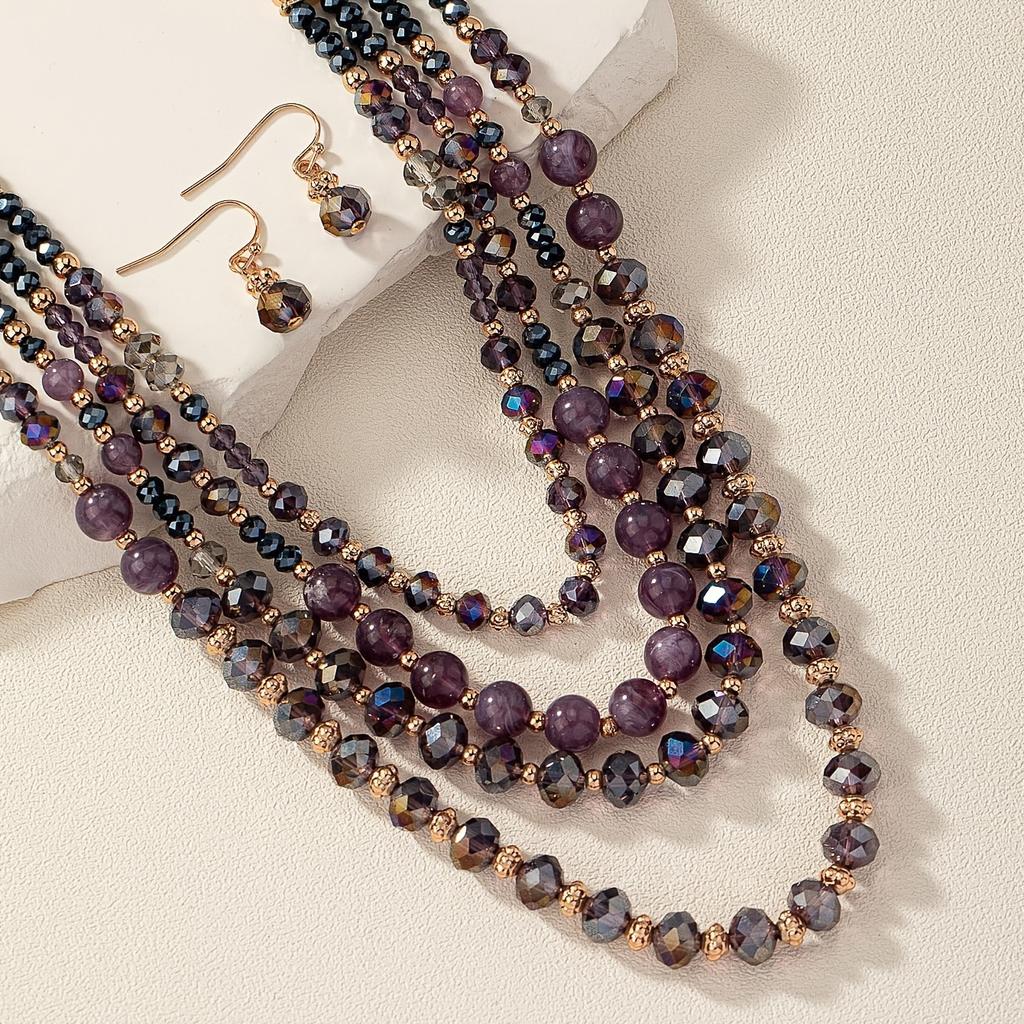 Multilayer Vintage Elegant Glass Beads Choker Necklace and Earrings Set for Women Fashion Jewelry Hot Sale Party Gift New Style