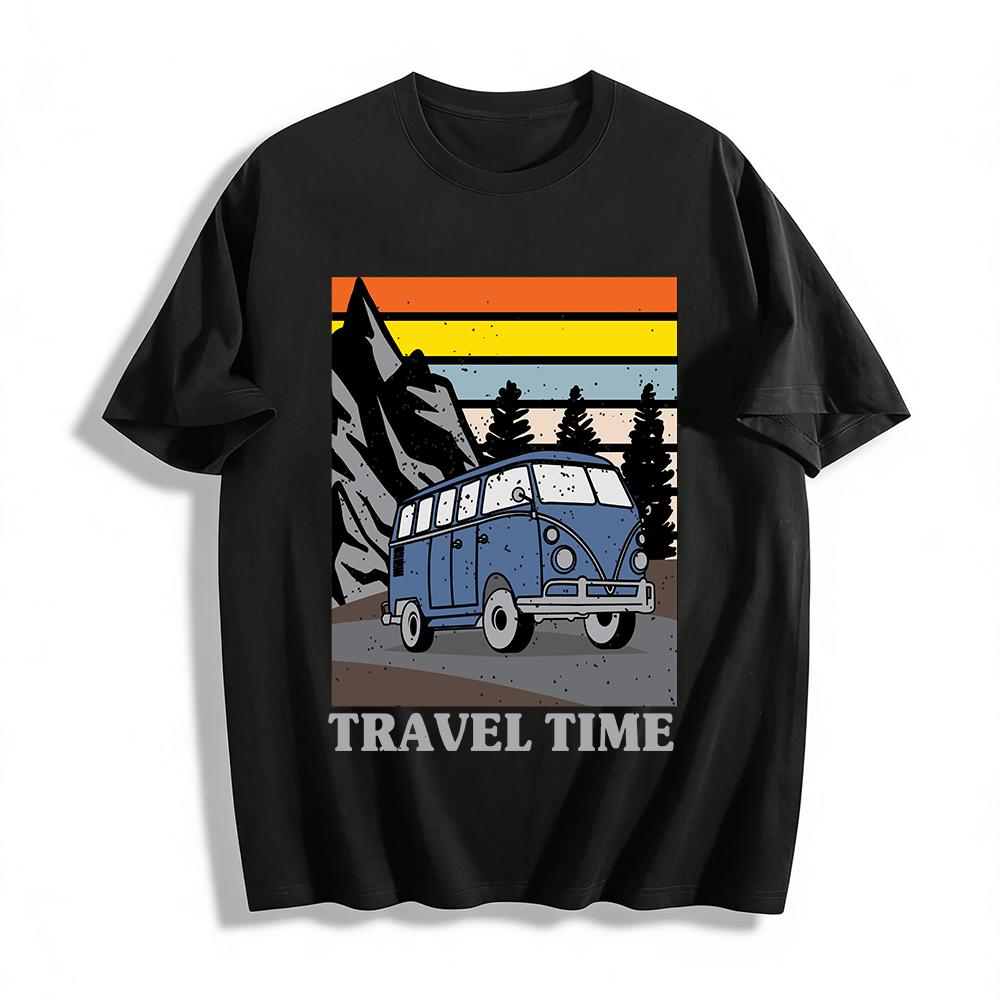 

Vintage Mountain Camping Bus Print Casual Tee Outdoor Travel Top Pure cotton T-shirt XXS