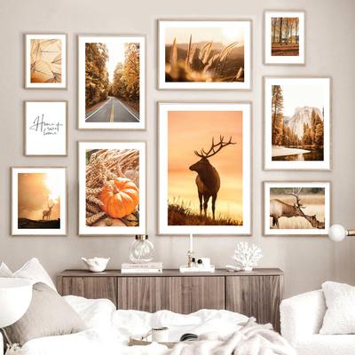 Autumn Pumpkin Deer Maple Leaf Pine Forest Nordic Style Landscape Wall Canvas Painting Poster And Print Living Room Home Decor