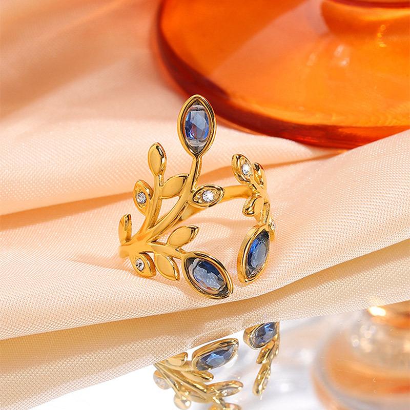 European and American Zircon Leaf Ring Does Not Fade, High Value Opening Fashion Couple Ring, Colored Titanium Steel Jewelry Ring