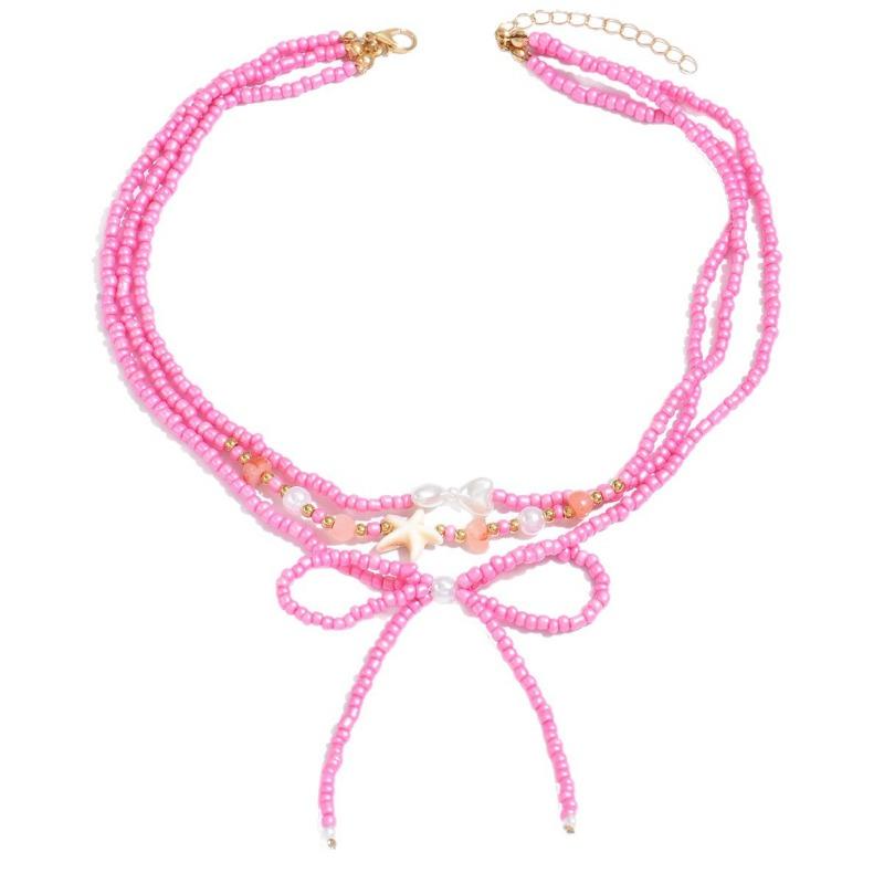 New Bow Colored Beaded Pendant Necklace Summer Versatile Dopamine Jewelry Necklace Women