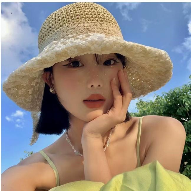 New Summer Large Brim Sun Protection Hat with Lace Trim, Hollow Design, Foldable, UV Protection, Beach Sun Hat